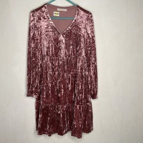 Adyson Parker Tiered Pink Boho Chic Pockets Crushed Velvet Midi Dress M - Picture 1 of 11